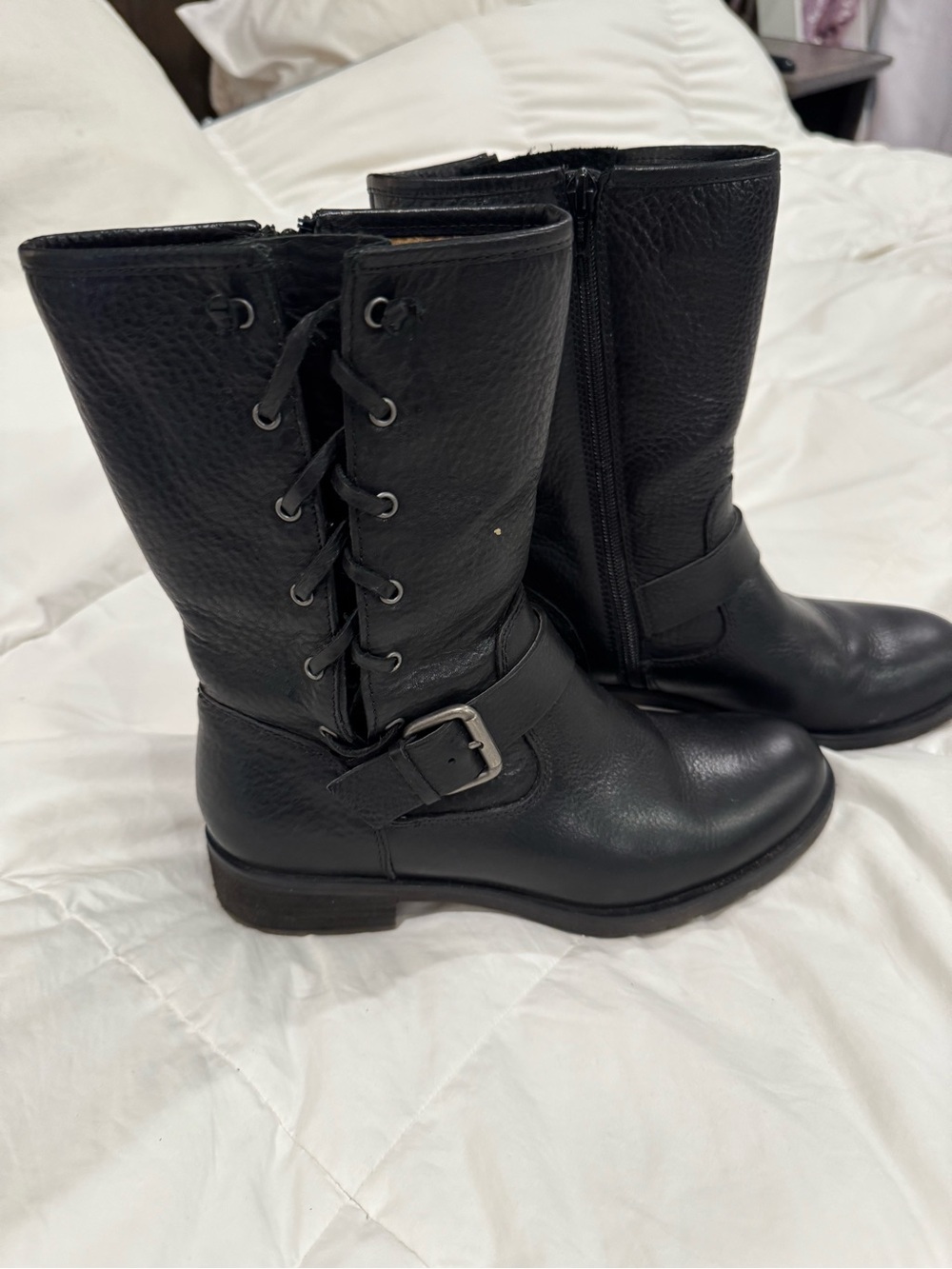 Sofft Black Lace-Up Leather Mid-Calf Buckle Boots